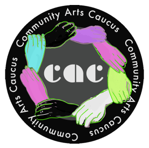 a black circle, ringed by interlocking hands. "CAC" is in the middle. Community Arts Caucus rings the edge.